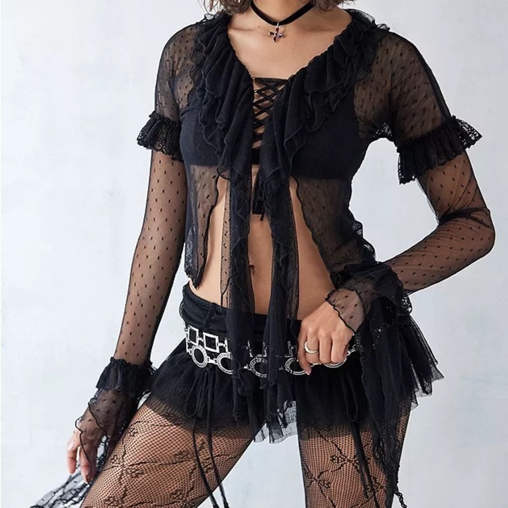 Jaded London Flamenco Frill Black Tulle Blouse w Statement Sleeves & Swiss Dots